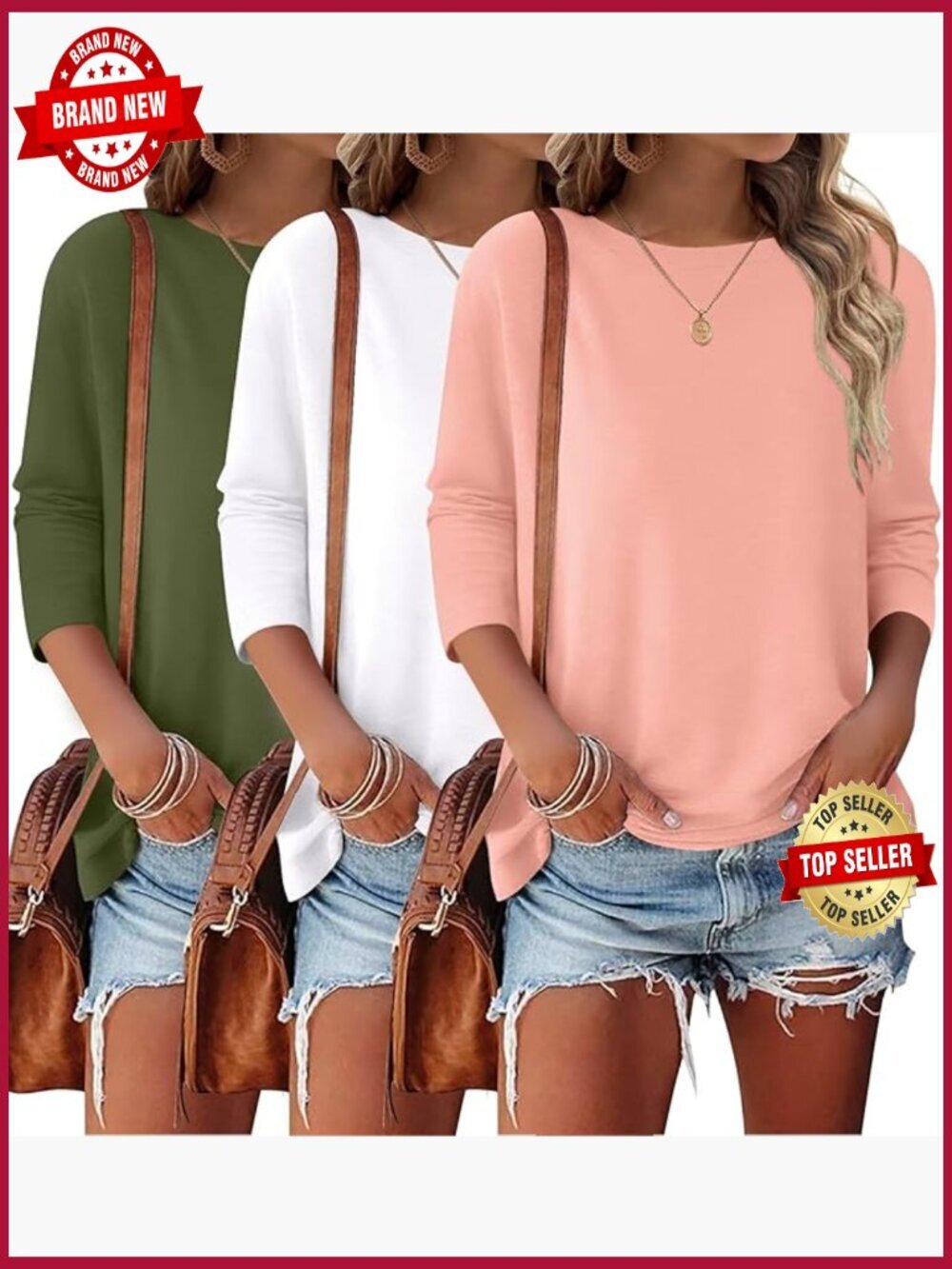 3 Pack 3/4 Sleeve Tops Women Crewneck Basic Casual Work Tee Shirts Blouses